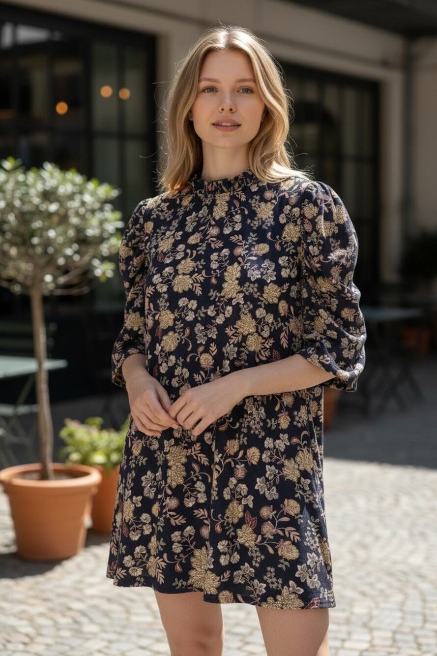 CeCe Womens XL Floral Blouse Navy Ruffle Neck Puff Sleeve Boho Top